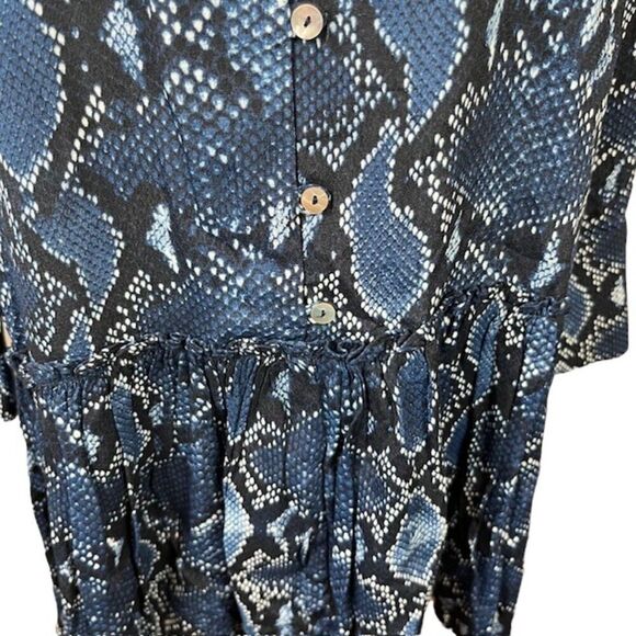 ZARA Dress Drop Waist Snakeskin Print Deep V-neck Button Blue Size Small - Picture 3 of 10